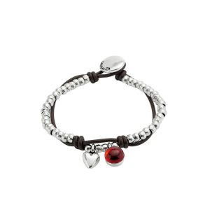 Pulsera Uno De 50 Cuero Y Cristal De Murano Rojo