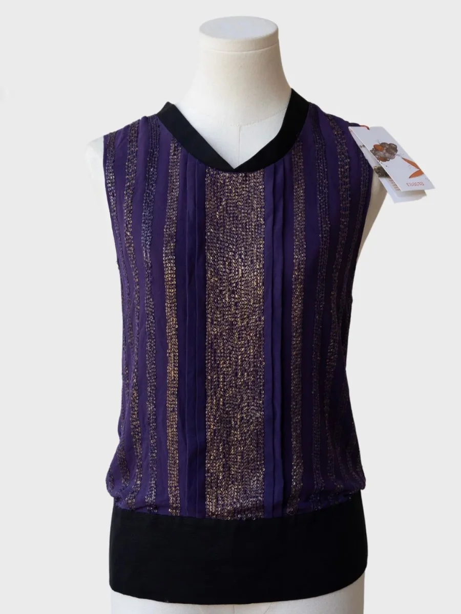 Raasta camiseta sin mangas azul-dorado pedrería Talla XS Nuevo