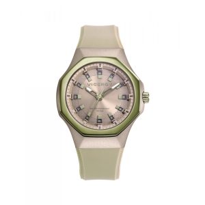 Reloj caja de aluminio beige con bisel de acero Ip verde, 5 atm, correa de silicona beige, movimiento de cuarzo