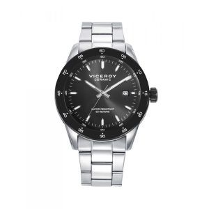 Reloj caja de acero con bisel cerámico negro 5 atm y brazalete acero con movimiento cuarzo