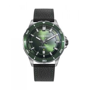 Pack reloj con pulsera caja de acero con bisel de aluminio verde 10 atm y correa de piel negra con movimiento cuarzo