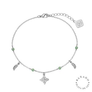 Tobillera PVD Plata Nudo Bruja Plumas Verde