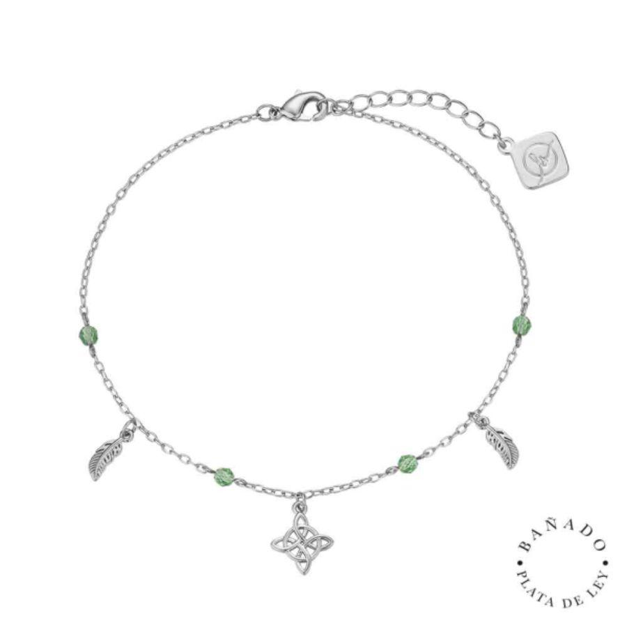 Tobillera PVD Plata Nudo Bruja Plumas Verde - Imagen 2