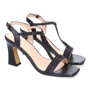 Sandalias de tacón negras con tiras de pedrería