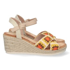 Sandalias cuña bordado beige estampado floral