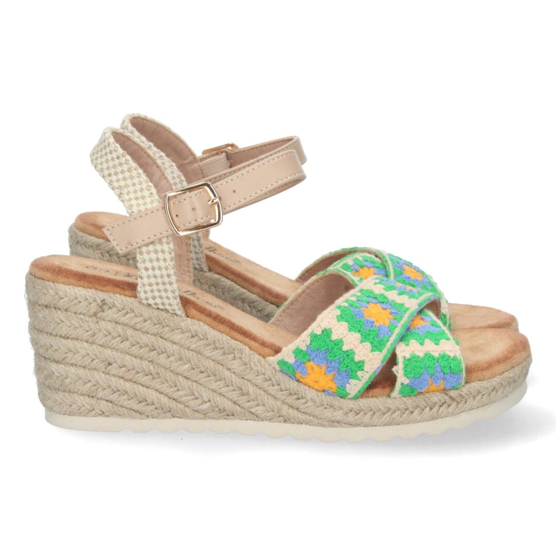 Sandalias cuña cruzadas bordado verde