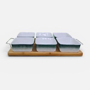 Porta Aderezos / Porta Frutos Secos con Base de Madera – 6 Compartimentos