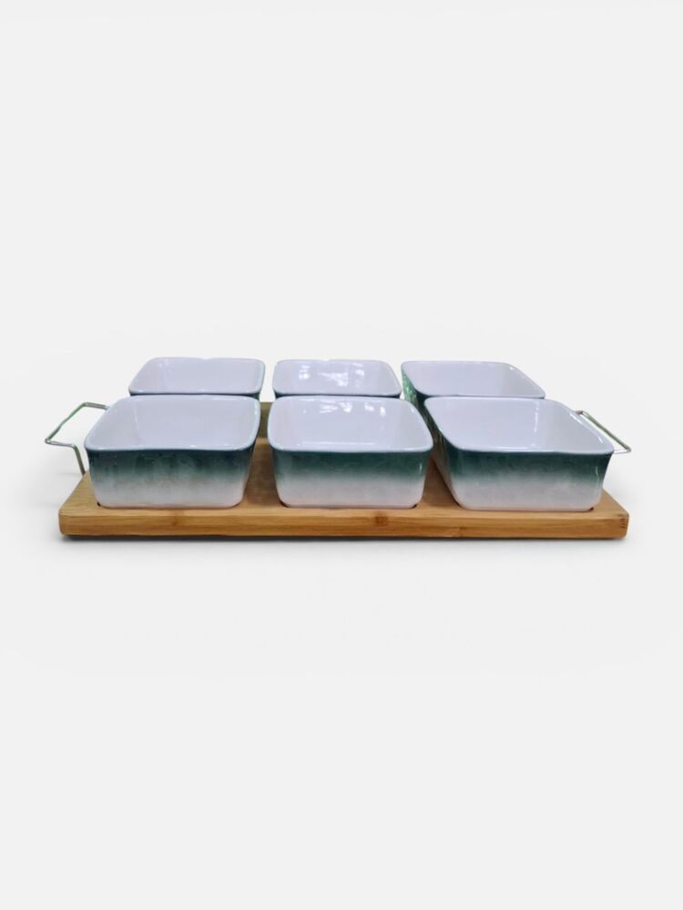 Porta Aderezos / Porta Frutos Secos con Base de Madera – 6 Compartimentos