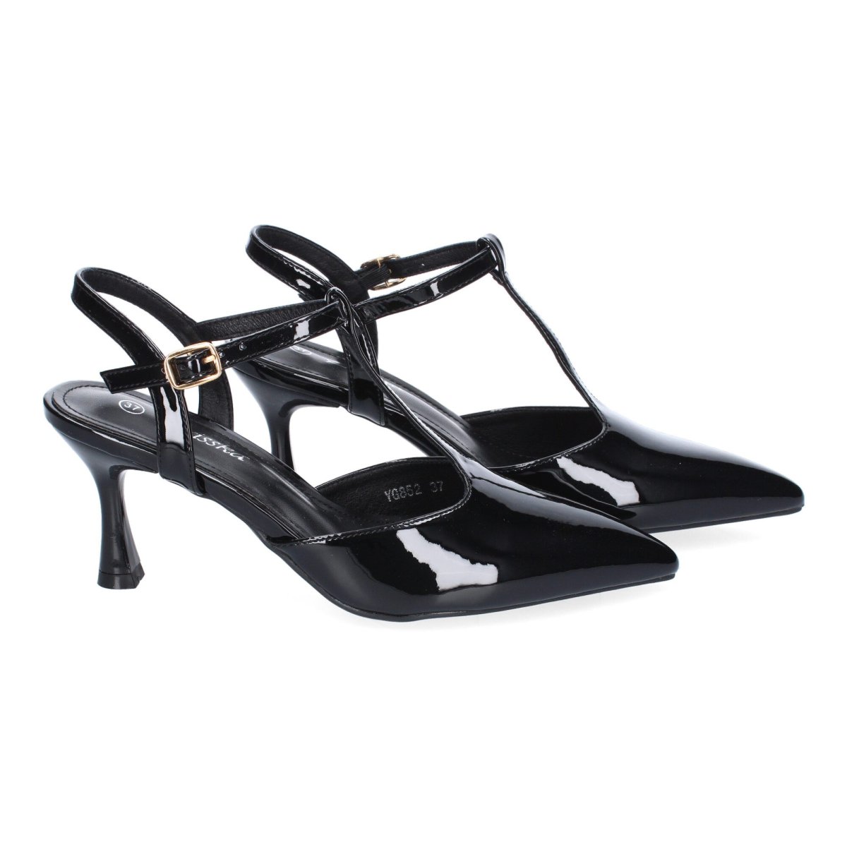 Zapatos Tacón Fino Negro T-strap Dorado - Imagen 6