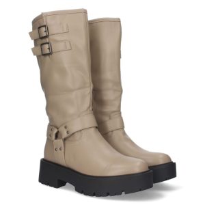 Botas moteras beige con plataforma y hebillas