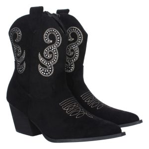 Botines tacón cubano negro bordados strass