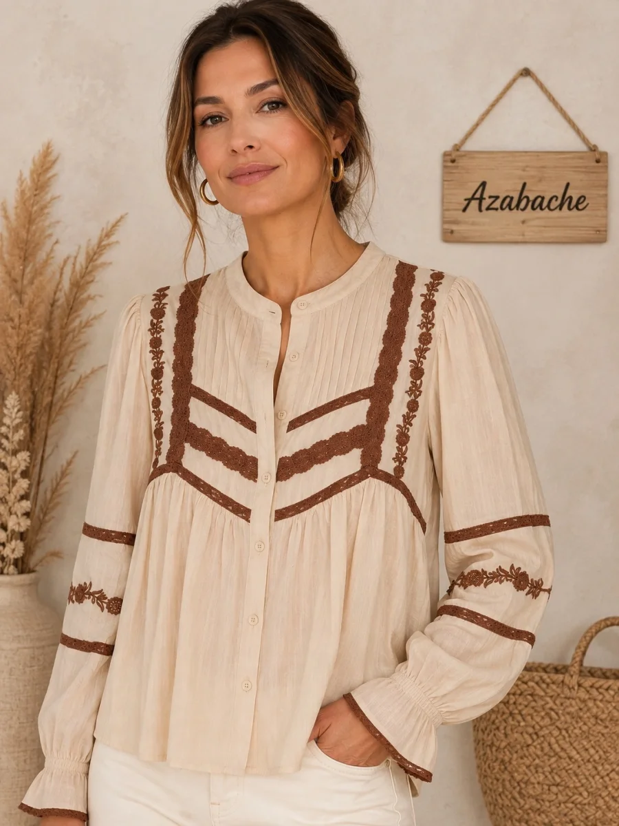 Camisa Beige Fluida de Tencel con Bordados Florales y Puntillas - Imagen 2