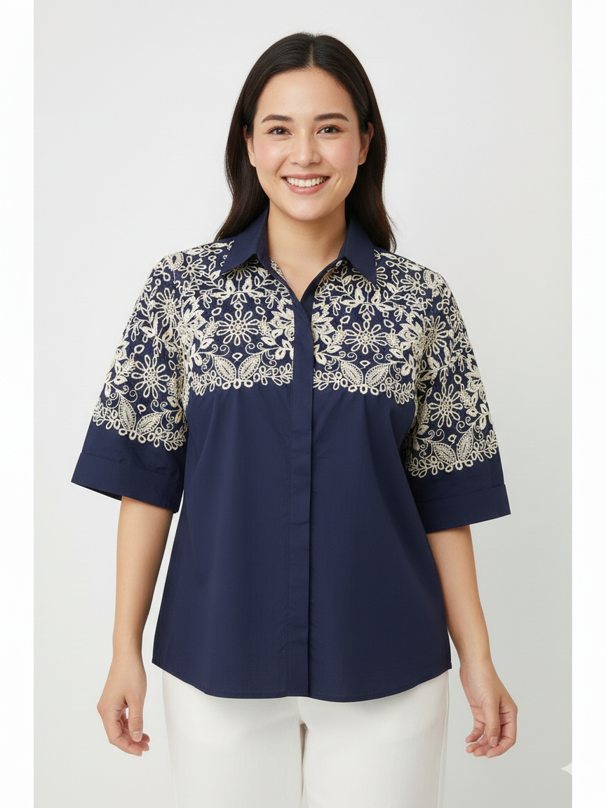 Camisa Bordada Azul Marino - Imagen 2