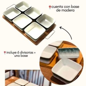 Set Porta Aderezos de Cerámica con Base de Madera – 6 Compartimentos
