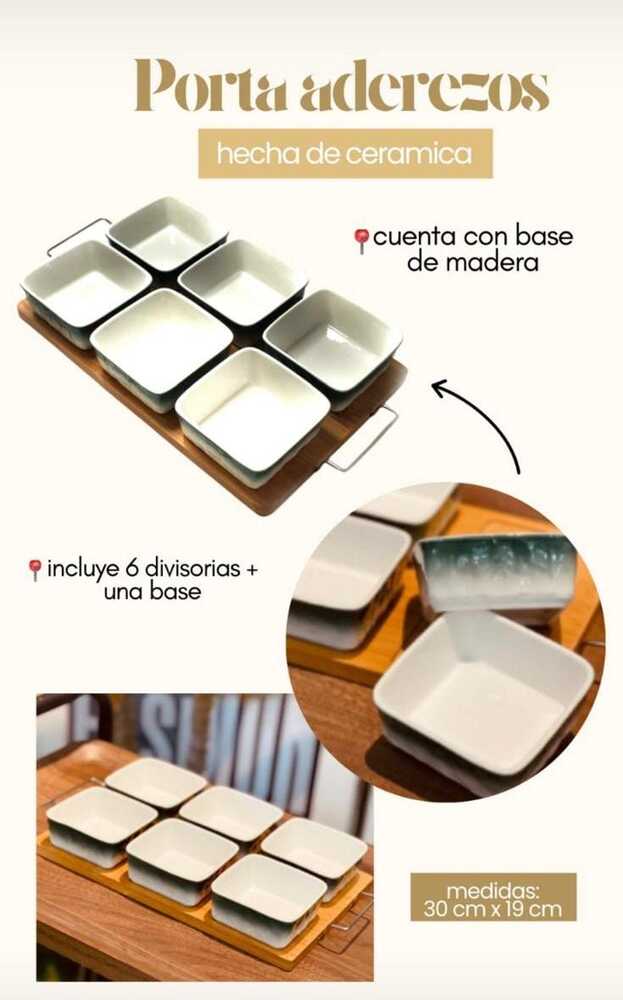 Set Porta Aderezos de Cerámica con Base de Madera – 6 Compartimentos - Imagen 2