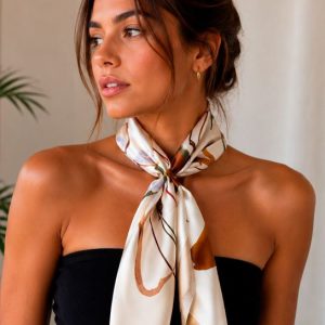 Pañuelo cuadrado de cuello con accesorio estampado marrón y verde