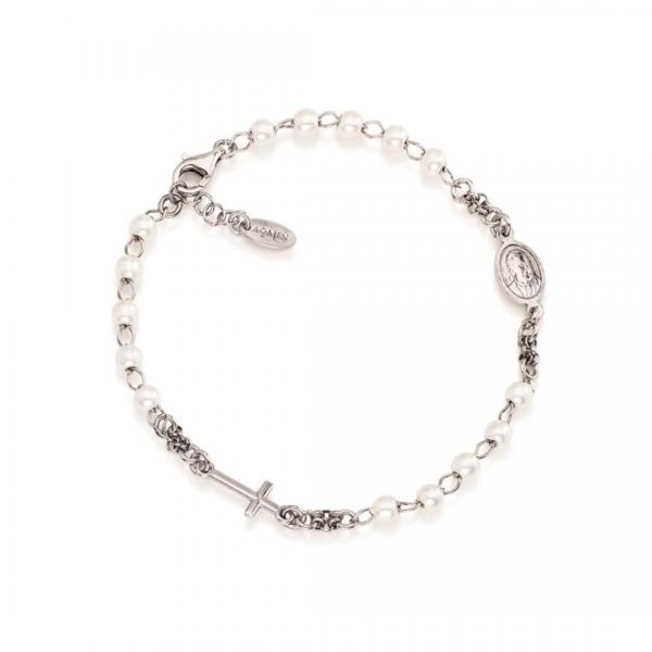 «Pulsera Rosario con Dije de Cruz de Perla» AMÉN