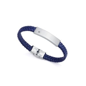 Pulsera de Hombre Magnum de acero con diamante y piel trenzada en azul