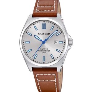 Reloj Calypso K5868/2 Hombre – Acero, Esfera Plateada, Correa Piel Marrón