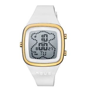 Reloj digital con correa de silicona en color blanco y caja de acero IPG dorado TOUS B-Time