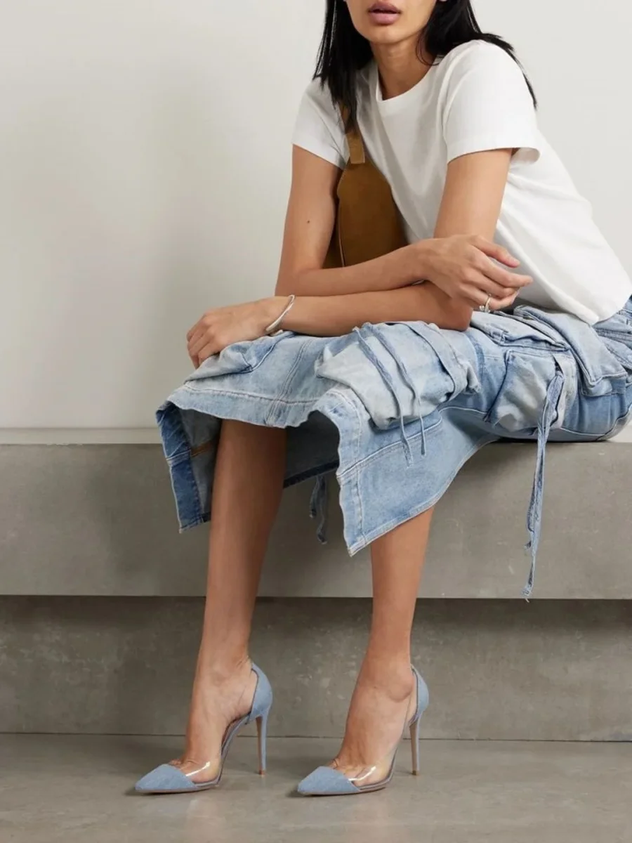 535€ Gianvito Rossi Plexi zapatos de tacón denim vaquero 37.5 Nuevos - Imagen 3