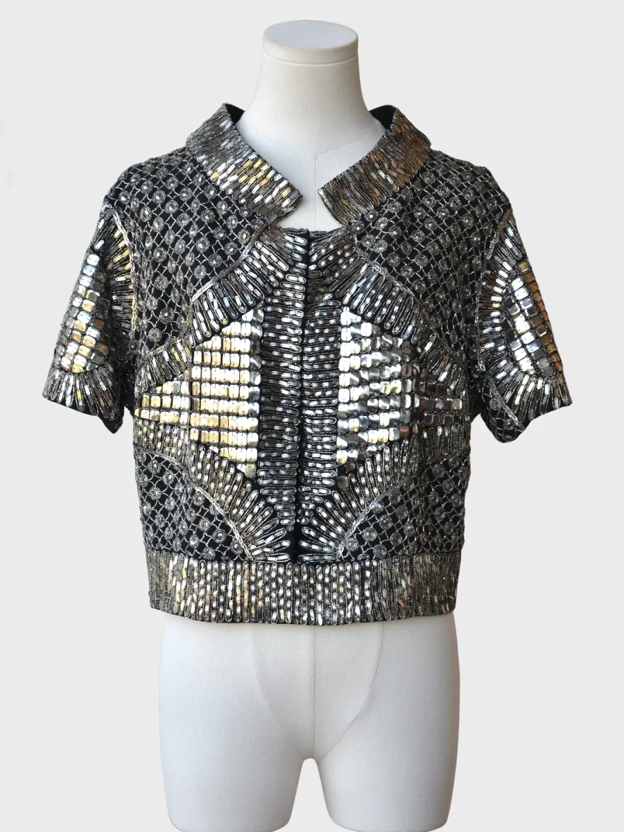 Elie Saab chaqueta corta pedrería color plateado Talla S - Imagen 2
