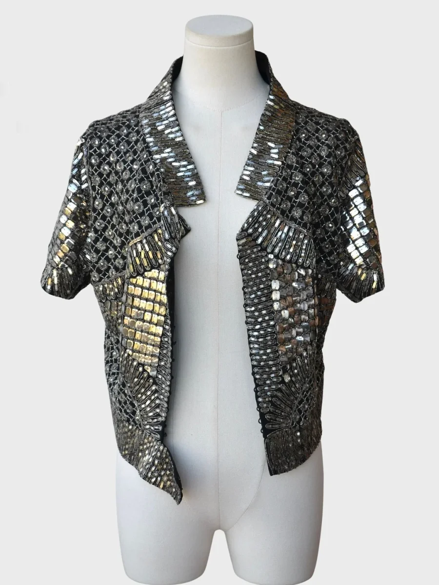 Elie Saab chaqueta corta pedrería color plateado Talla S - Imagen 4